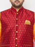 Vastramay PLUS Men's Maroon Zari Weaved Nehru Jacket With Kurta Dhoti set